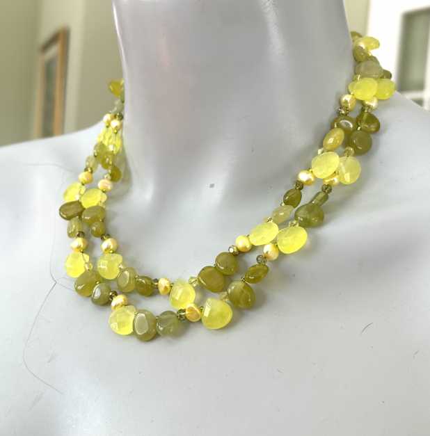 Lemon Lime Necklace, Lime Green Jade, Chalcedony, Freshwater Pearls, Sterling