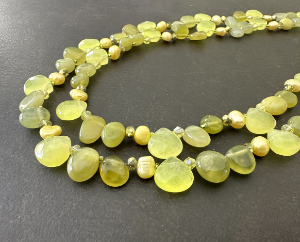 Lemon Lime Necklace, Lime Green Jade, Chalcedony, Freshwater Pearls, Sterling
