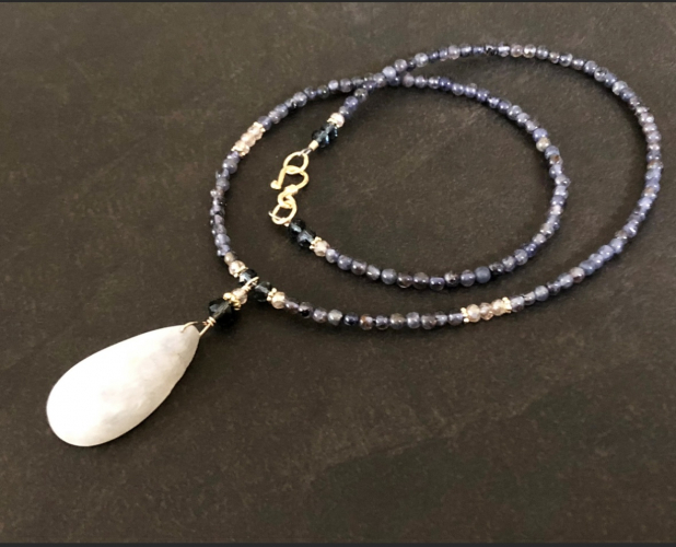 Rainbow Moonstone Necklace, Iolite, 24k Gold Vermeil  1637