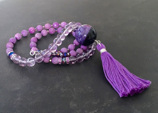 Long Tassel Necklace, Purple Stone, Agate Sphere, Amethyst