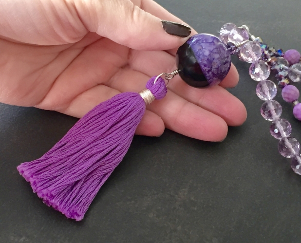 Purple Tassel Necklace, Natural Stone, Boho Chic, Prairie Ice
