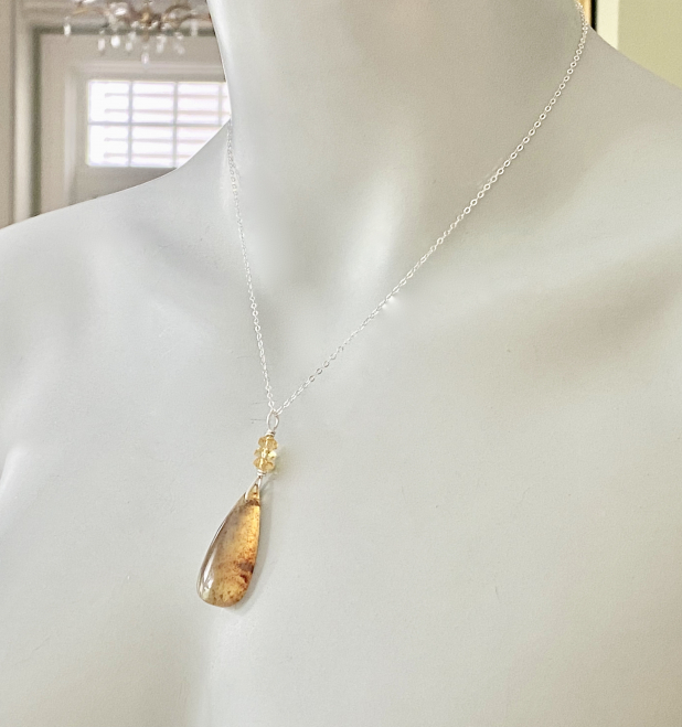 Amber Necklace, Natural Baltic Amber, Crystal, Sterling Silver