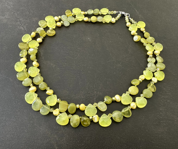 Lemon Lime Necklace, Lime Green Jade, Chalcedony, Freshwater Pearls, Sterling