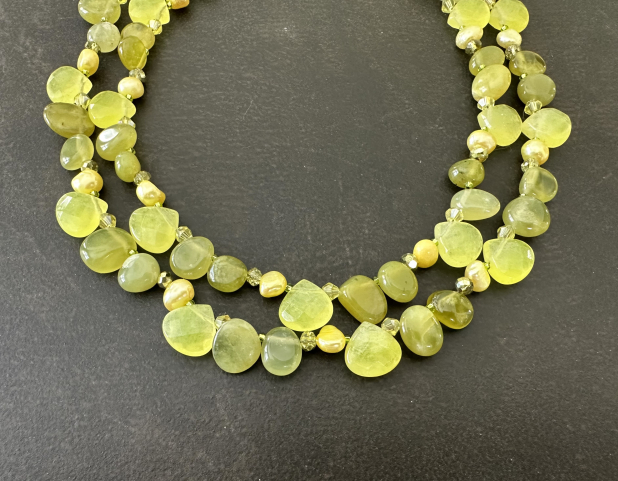 Lemon Lime Necklace, Lime Green Jade, Chalcedony, Freshwater Pearls, Sterling