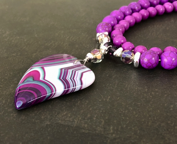 Purple Heart Necklace, Chunky Statement Necklace, Agate Pendant, Turquoise