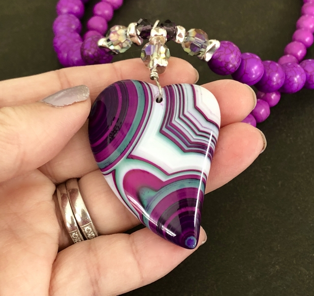 Statement Necklace, Heart Pendant, Purple Turquoise, Handmade by Prairie Ice