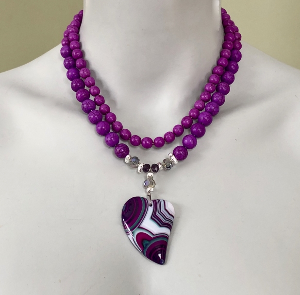 Chunky Heart Necklace, Banded Agate, Purple Turquoise, Boho Chic