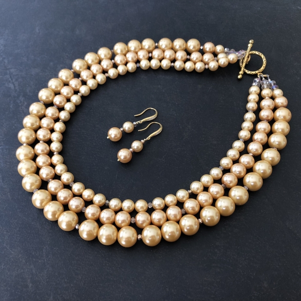 Pearl Statement Earrings, Gold Shell Pearls, Crystal, Prairie Ice