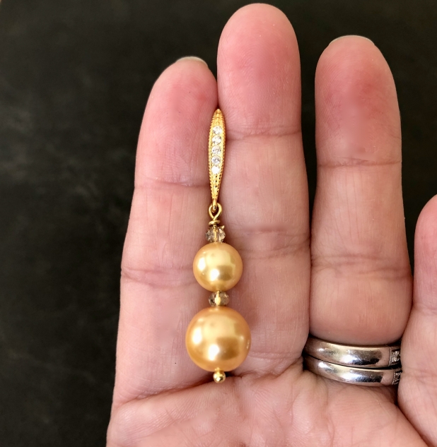 Pearl Dangle Earrings, Gold Pearls, AB Crystals, Gold Vermeil