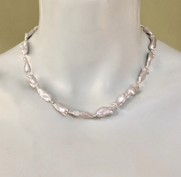 Silver Biwa Pearl Choker, Adjustable Pearl Necklace, Stick Pearl, Sterling