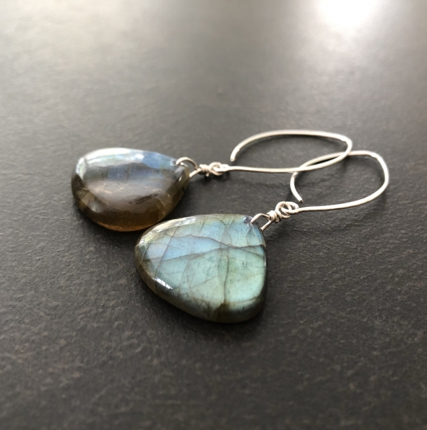 Blue Stone Earrings, Labradorite, Sterling Silver, Long Dangle