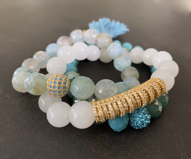 Stretch Bracelet Set, Blue Stone Bracelets, White Jade, CZ Bracelets, Boho