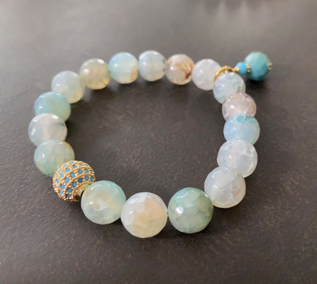 Stretch Bracelet Set, Blue Stone Bracelets, Crackle Agate, CZ Bracelet