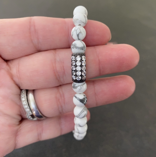 Stretch Tassel Bracelet, White and Black Bracelet, Natural Stone