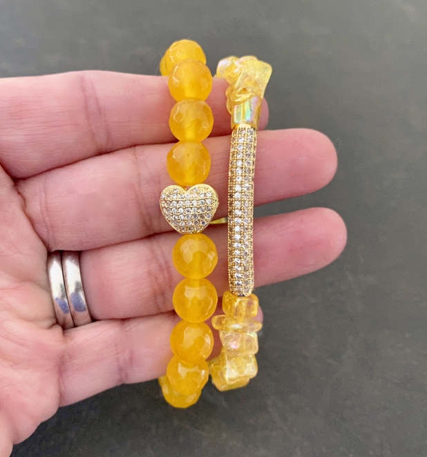 Yellow Stone Bracelets, Stretch Bracelet Set, Gold CZ, Prairie Ice