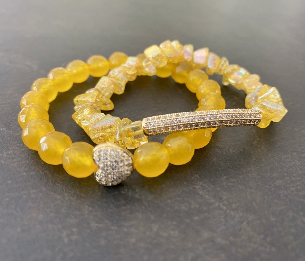 Boho Stretch Bracelets, Yellow Jade, Crystal Nuggets, CZ Stacking Bracelets