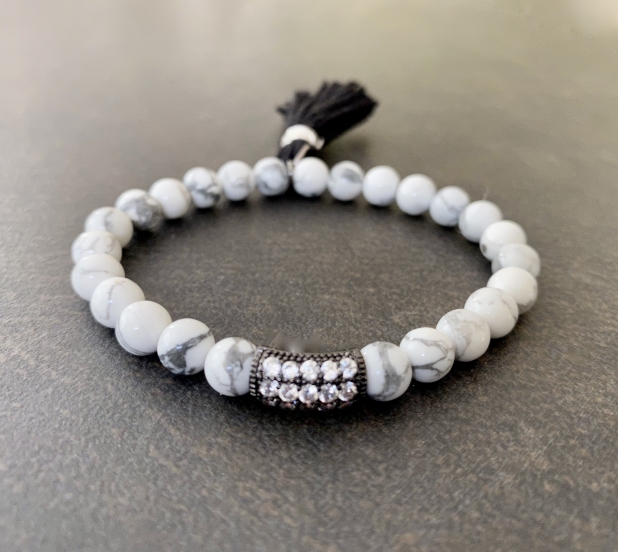 Stretch Stacking Bracelet, White and Black Marble Jasper, Tassel Bracelet