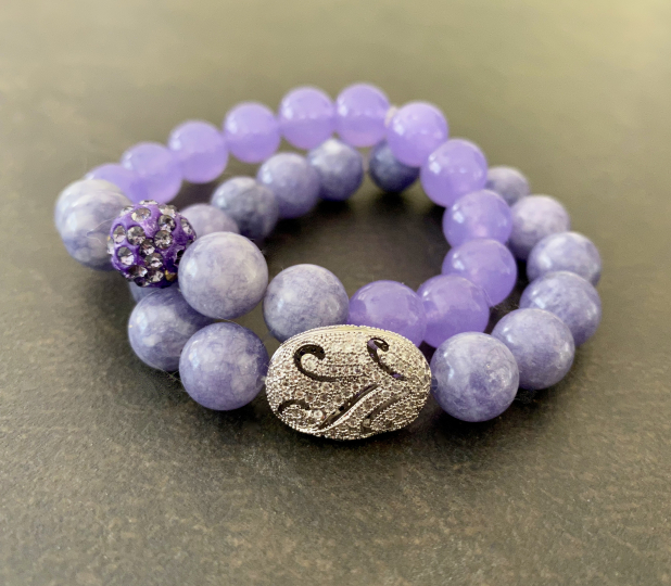 Chunky Stacking Bracelets, Lavender Stone Bracelets, Angelite, Purple Jade, CZ