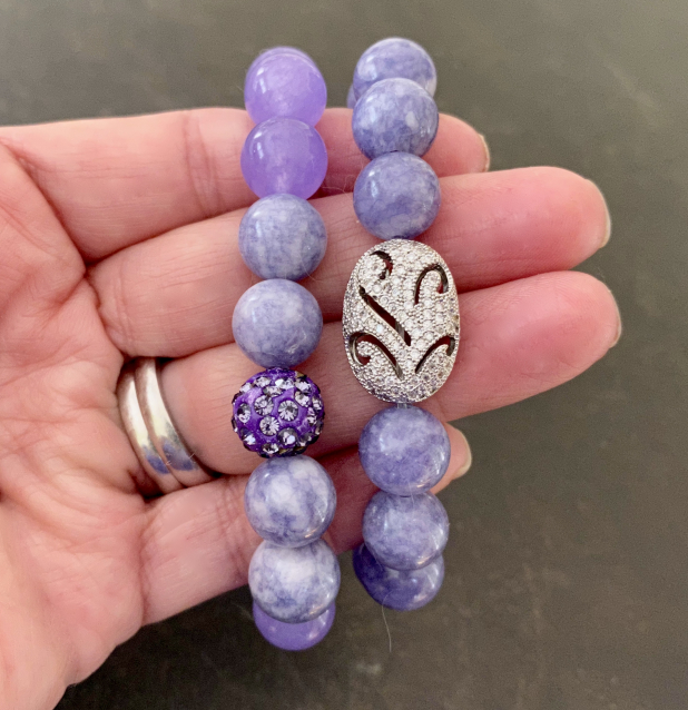 Chunky Stacking Bracelets, Lavender Stone Bracelets, Angelite, Purple Jade, CZ