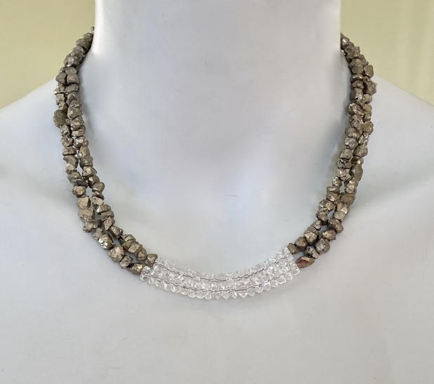 Statement Necklace, Silver Pyrite Nugget Necklace, Crystal, Adjustable Necklace