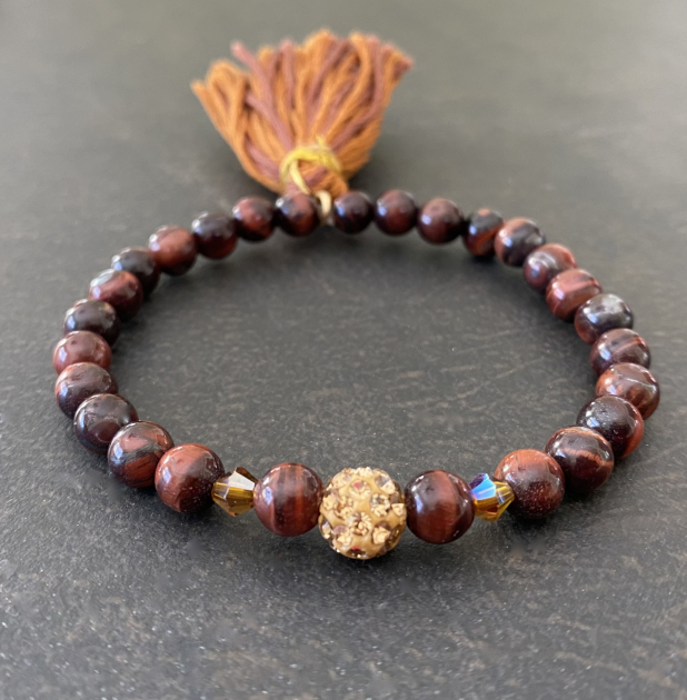 Red Tiger Eye Bracelet, Stretch Bracelet, Boho Tassel Bracelet