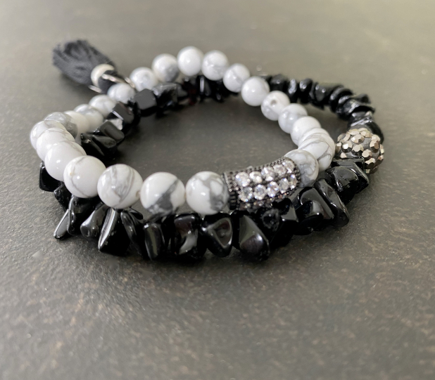 Stone Stretch Bracelets, Stacking Bracelets, Black and White, Gunmetal CZ