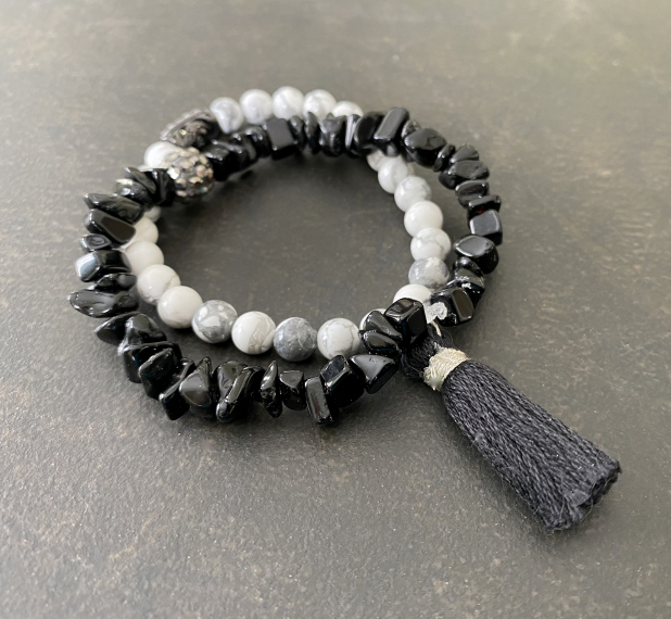 Layering Bracelets, Black and White, Natural Stone, Prairie Ice