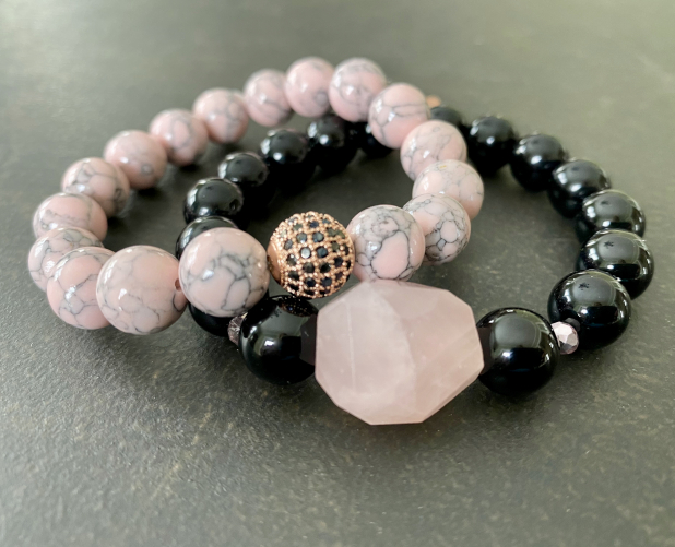 Stretch Bracelet Set, Pink Turquoise, Black Onyx, Rose Gold, Stacking Bracelets