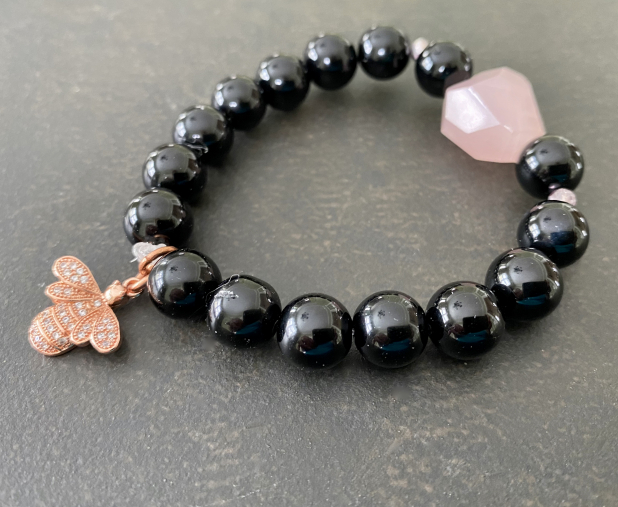 Stacking Bracelets, Rose Quartz, Black Onyx, Rose Gold CZ