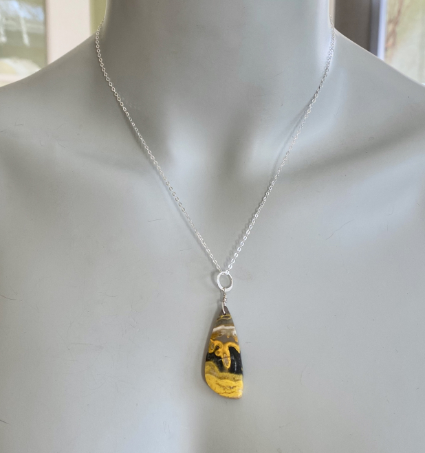Bumblebee Jasper Necklace, Natural Stone, Sterling Silver Chain