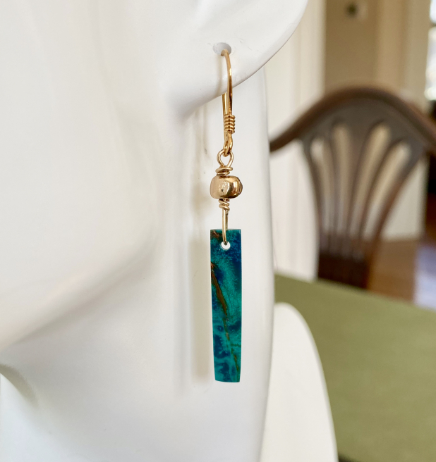 Azurite Earrings, Blue Stick Earrings, Gold Vermeil, Prairie Ice