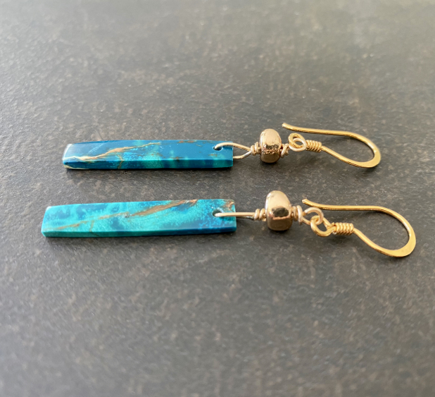 Stone Earrings, Azurite Stick Earrings, 24K Gold Vermeil, Long Dangle Earrings