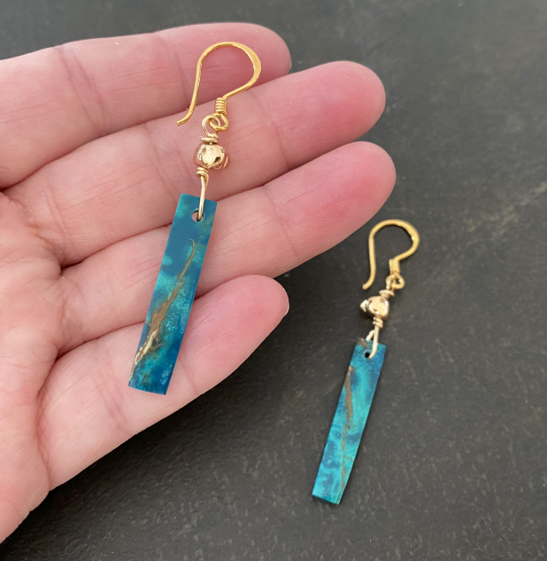 Stone Earrings, Azurite Stick Earrings, 24K Gold Vermeil, Prairie Ice