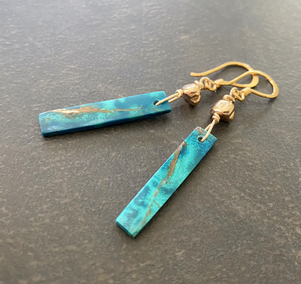 Stone Earrings, Azurite Stick Earrings, 24K Gold Vermeil, Dangle Earrings