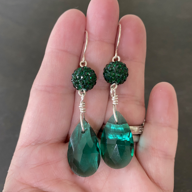emerald green earrings, crystal dangle earrings, sterling silver, Prairie Ice