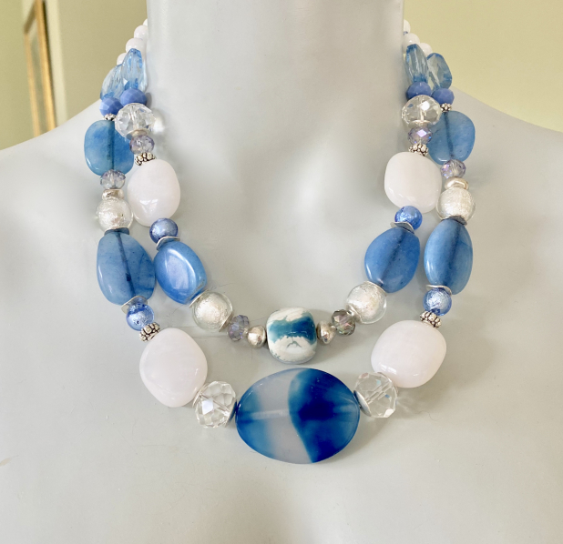 Chunky Statement Necklace, Blue and White Stone, Double Strand