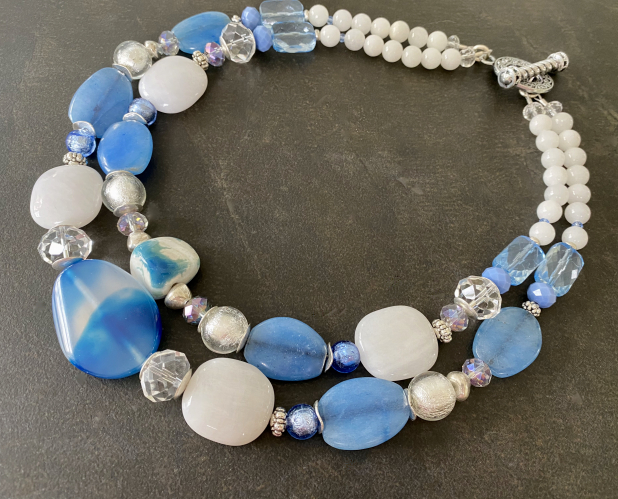 Boho Statement Necklace, Blue Agate, White Jade, Lampwork Glass
