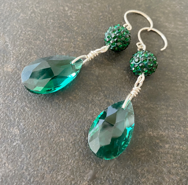 Emerald Green Earrings, Pave Crystal Earrings, Sterling Silver