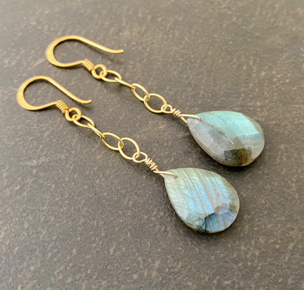 Labradorite Earrings, Natural Stone, 14k Gold Filled, Chain Earrings