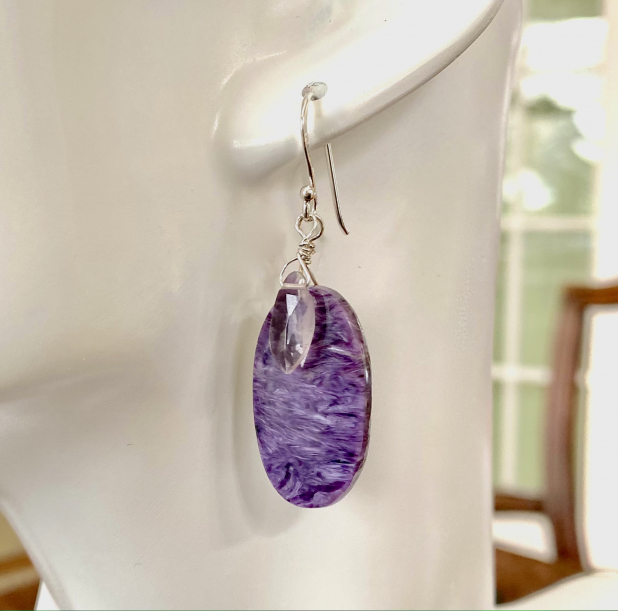 Purple Boho Earrings, Charoite, Amethyst, Sterling Silver, Prairie Ice