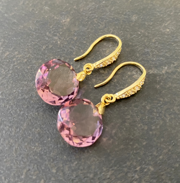 Amethyst Quartz Earrings, Gold Vermeil CZ, Dangle Earrings