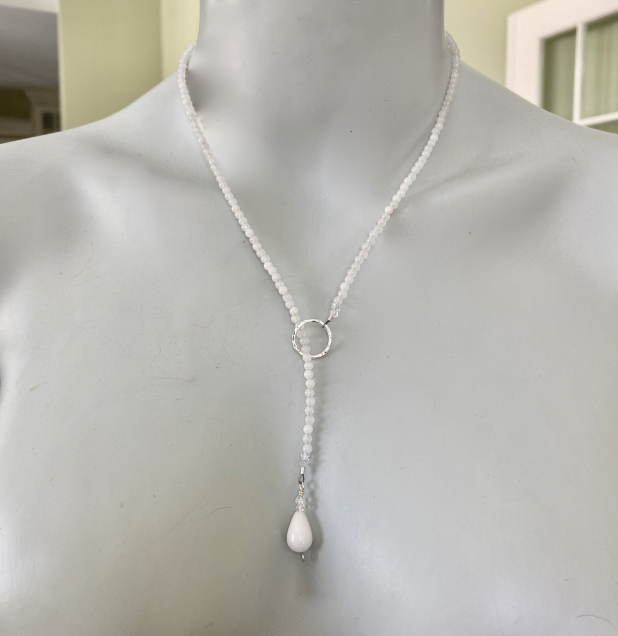 White Jade Lariat Necklace, Natural Stone, Herkimer Diamonds, Sterling Silver