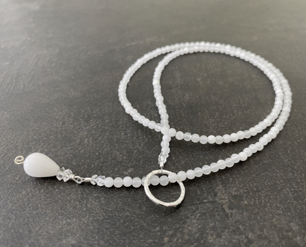 White Jade Lariat Necklace, Natural Stone, Herkimer Diamonds, Sterling Silver