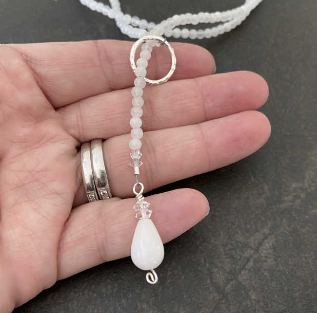 White Jade Lariat Necklace, Natural Stone, Herkimer Diamonds, Sterling Silver