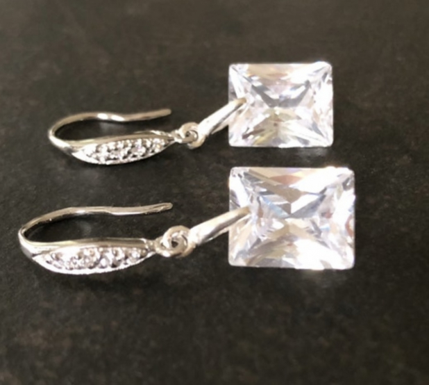 CZ Earrings, Clear CZ Rectangles, Sterling Silver, Bride Dangle Earrings