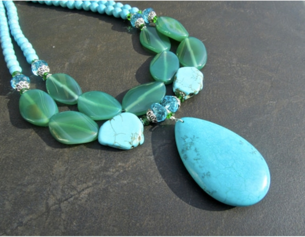 Turquoise Statement Necklace, Blue Turquoise, Green Agate, Boho Double Strand