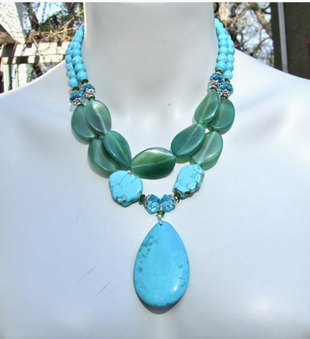 Turquoise Statement Necklace, Blue Turquoise, Green Agate, Boho Double Strand