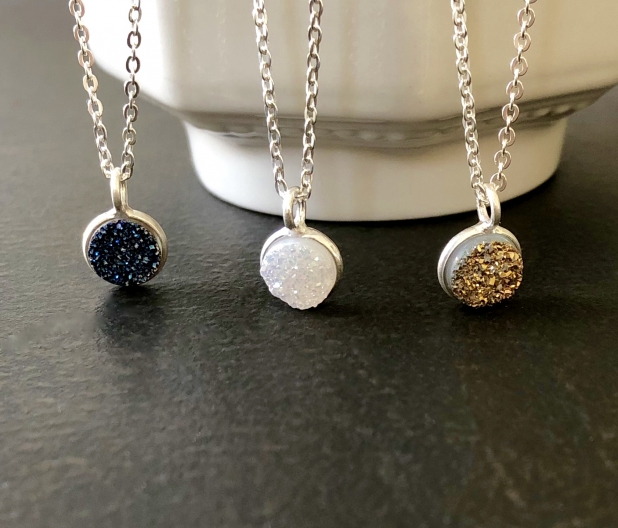 YOU PICK, Titanium Druzy Necklace, 3 Colours, Sterling Silver, Prairie Ice