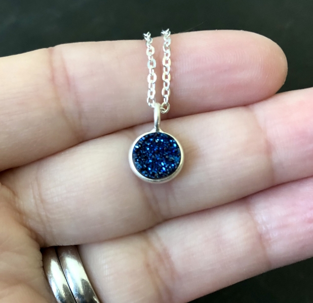 Druzy Necklace, Titanium Druzy Pendant, Sterling Silver, Sparkly Necklace