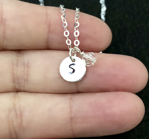 Personalized Necklace, Hand Stamped Initial, Sterling Silver, Optional Crystal